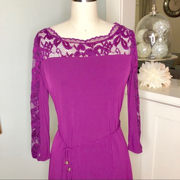 Ivanka Trump Lace Illusion Fit and Flare Dress Tie Waist Purple 4 Small - Picture 3 of 9